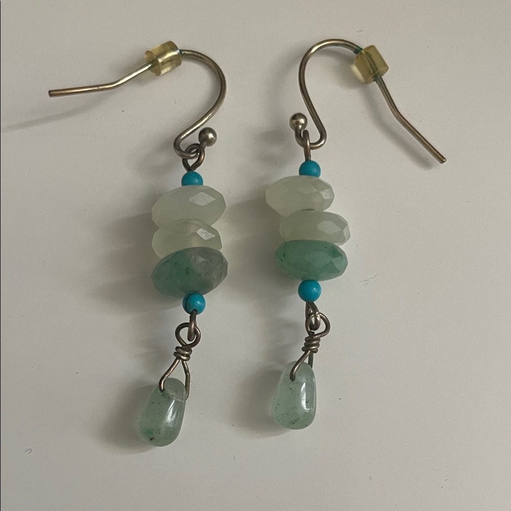 Green Stone and Turquoise Beaded Drop Earrings